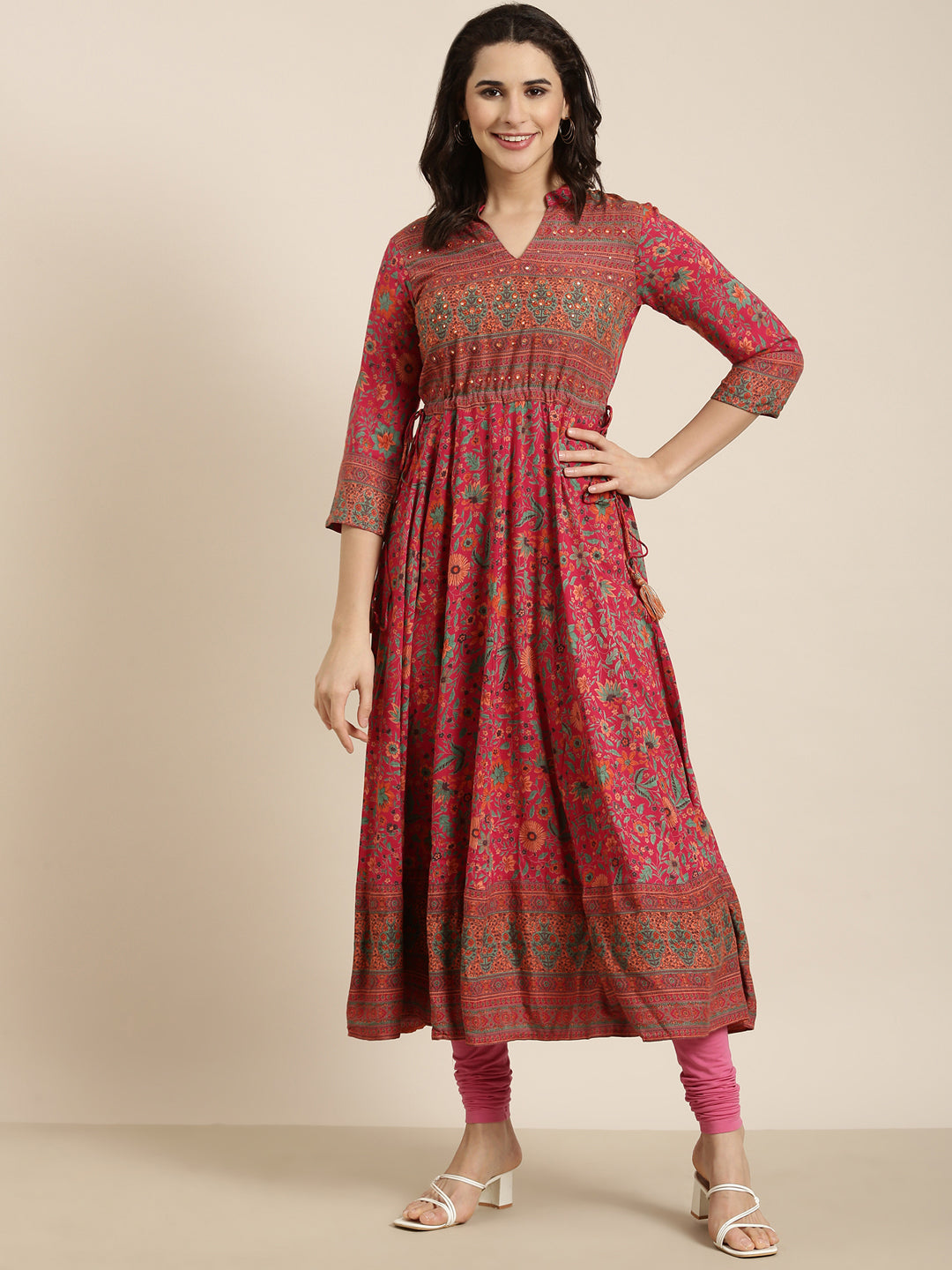 Women's Anarkali Pink Floral Kurta