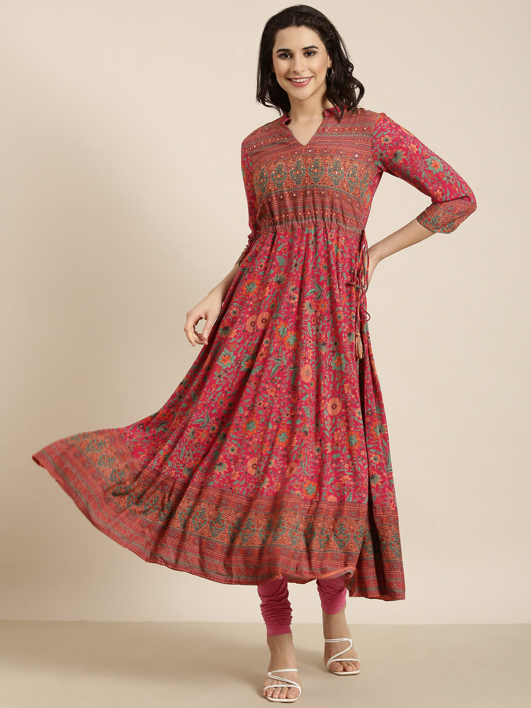 Women's Anarkali Pink Floral Kurta