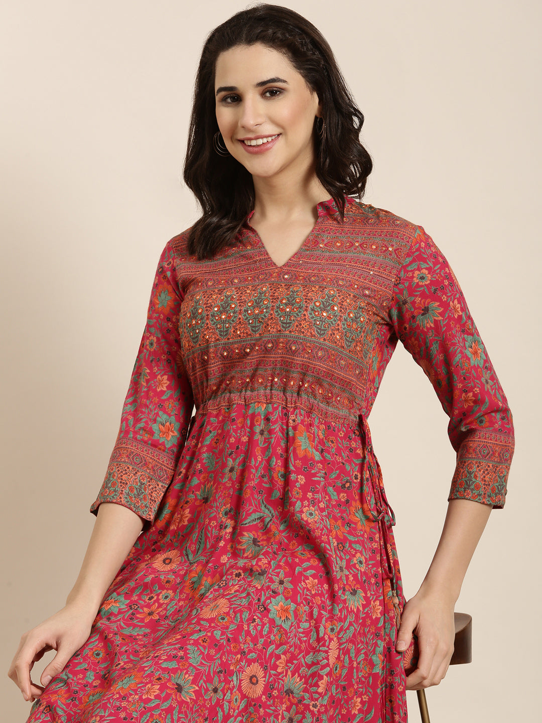 Women's Anarkali Pink Floral Kurta