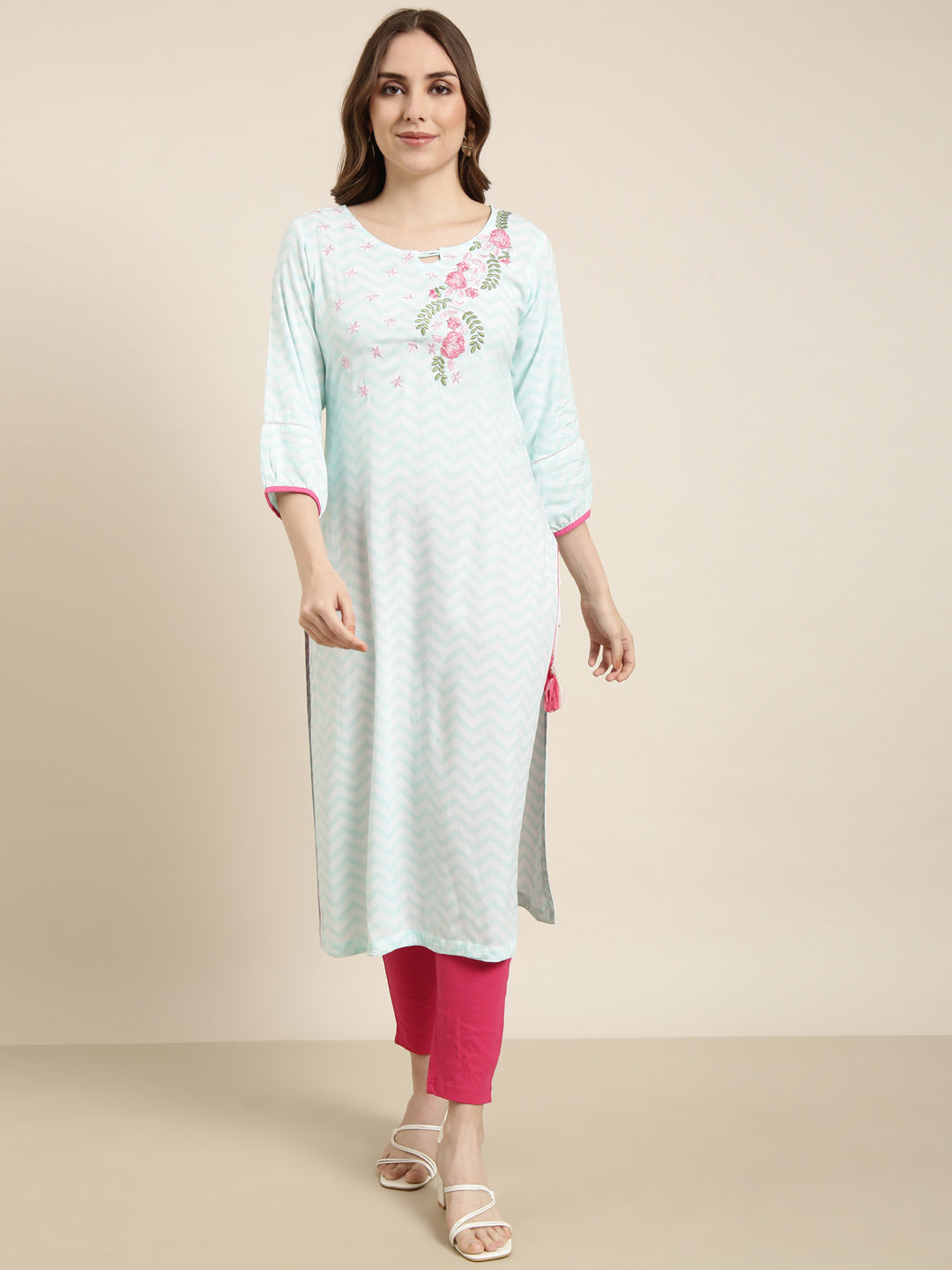 Women Straight Turquoise Blue Chevron Kurta