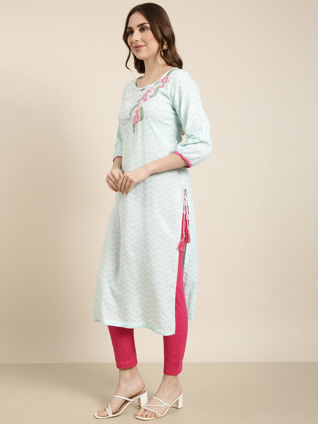 Women Straight Turquoise Blue Chevron Kurta