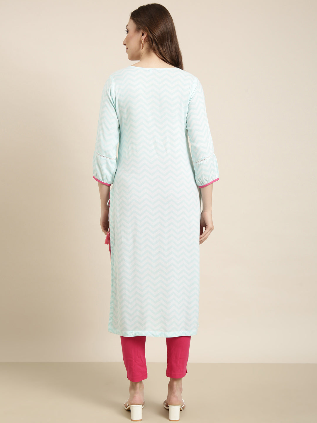 Women Straight Turquoise Blue Chevron Kurta