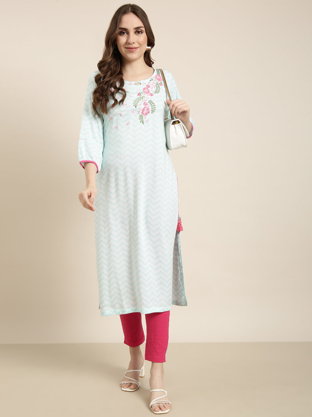 Women Straight Turquoise Blue Chevron Kurta