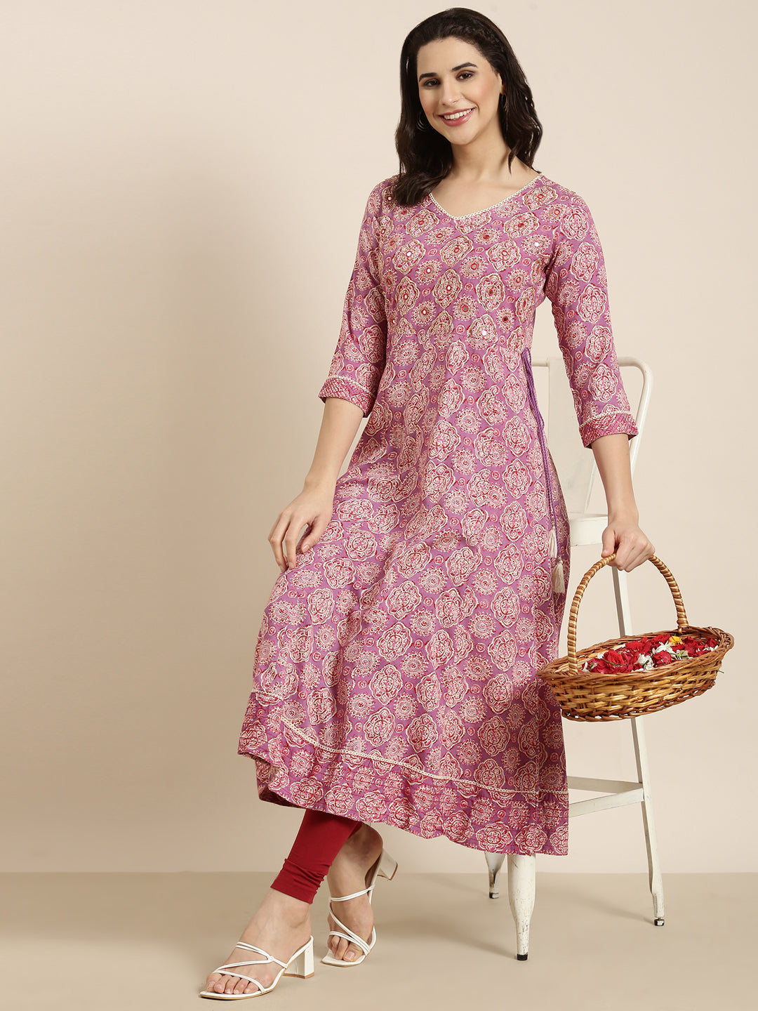 Women Anarkali Lavender Ethnic Motifs Kurta