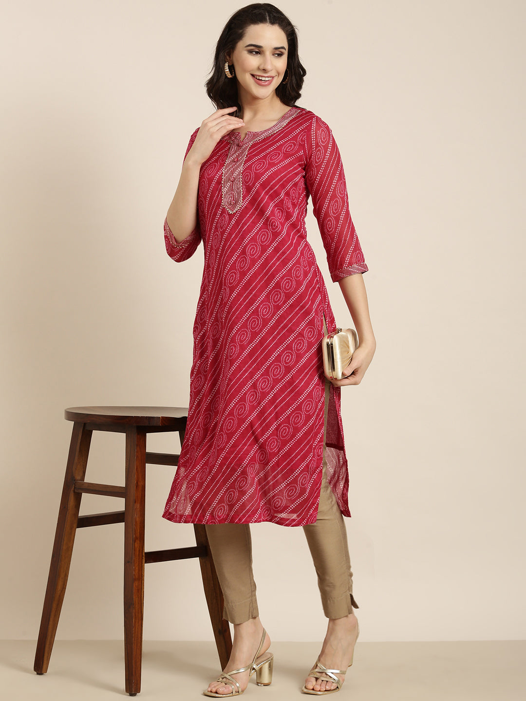 Women Straight Pink Bandhani Kurta