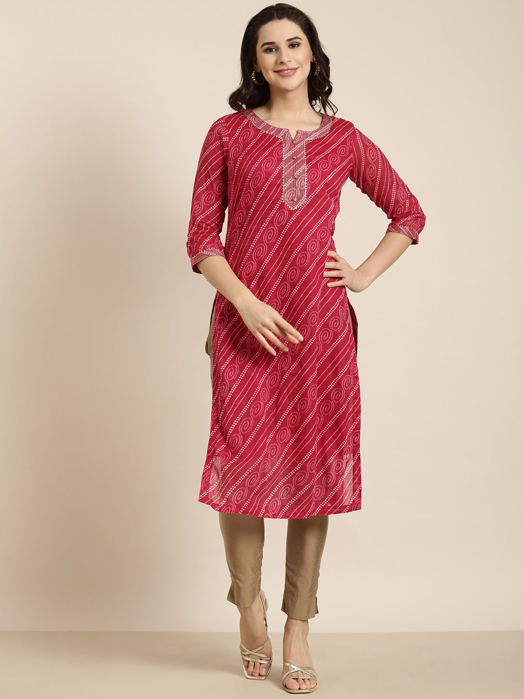 Women Straight Pink Bandhani Kurta