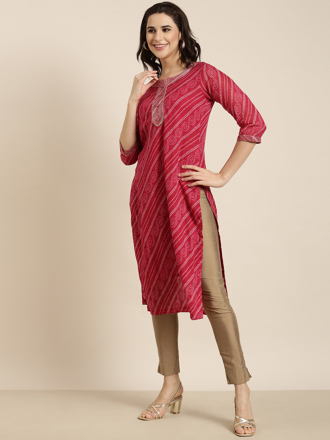 Women Straight Pink Bandhani Kurta