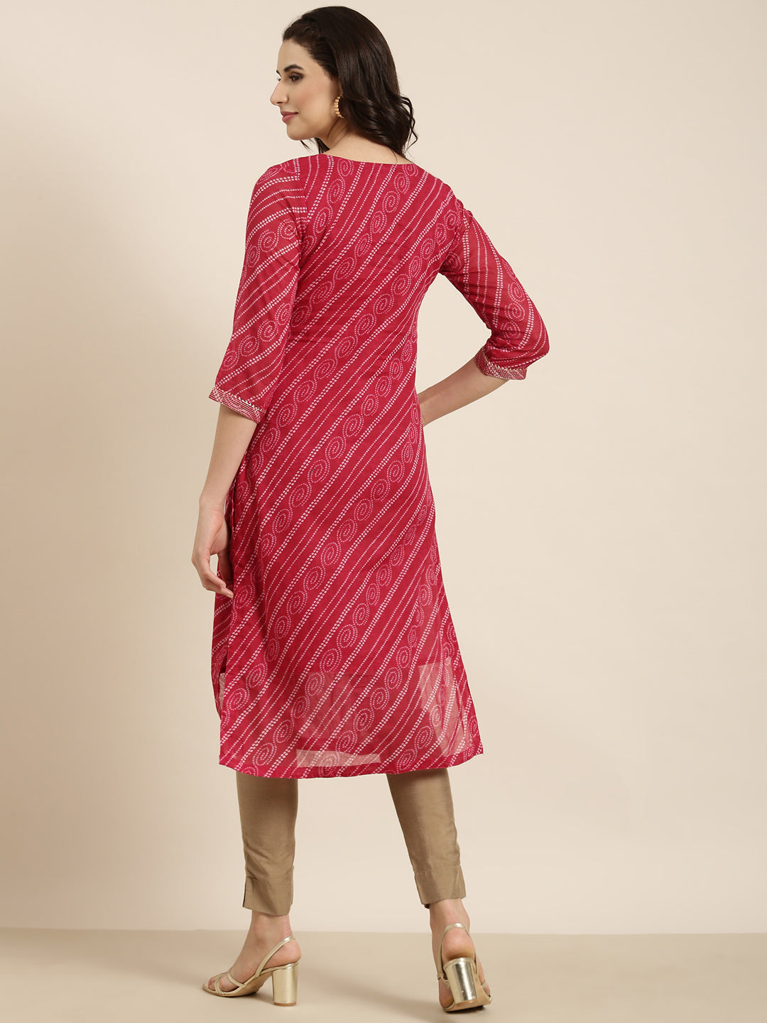 Women Straight Pink Bandhani Kurta