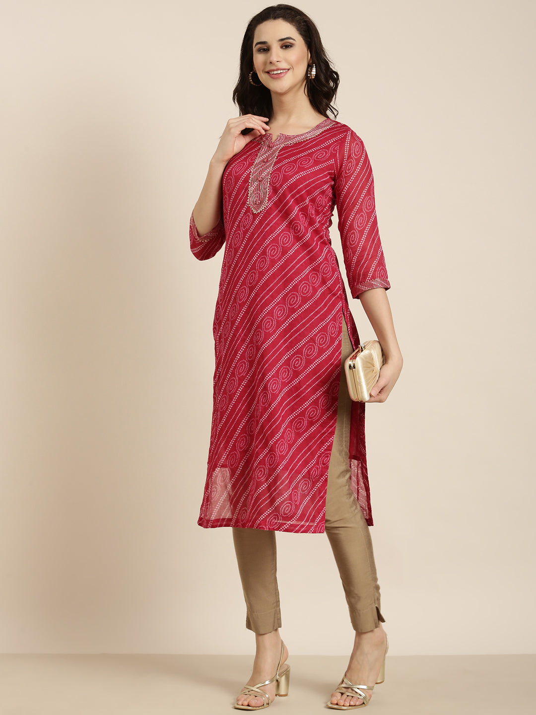 Women Straight Pink Bandhani Kurta