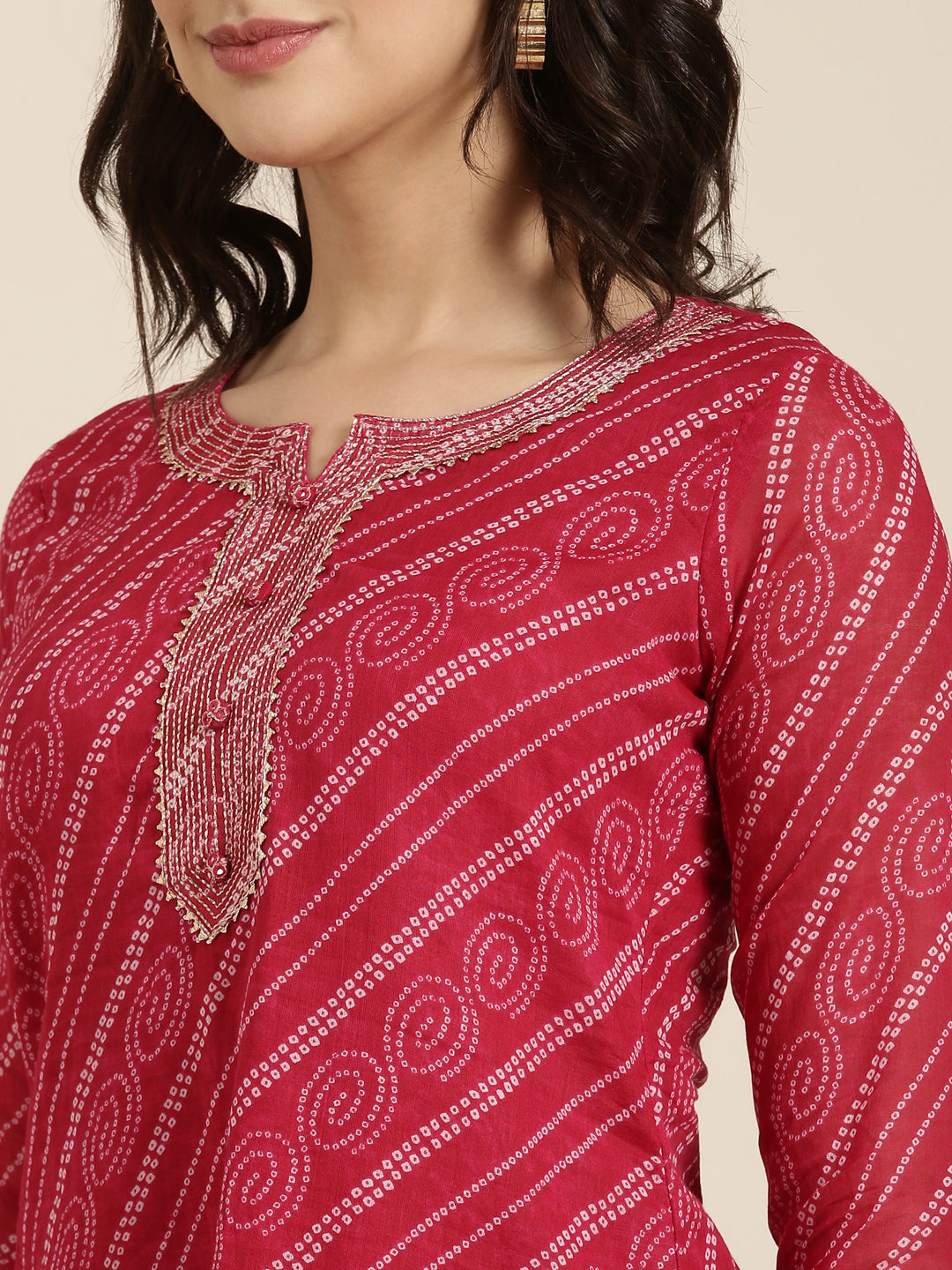 Women Straight Pink Bandhani Kurta