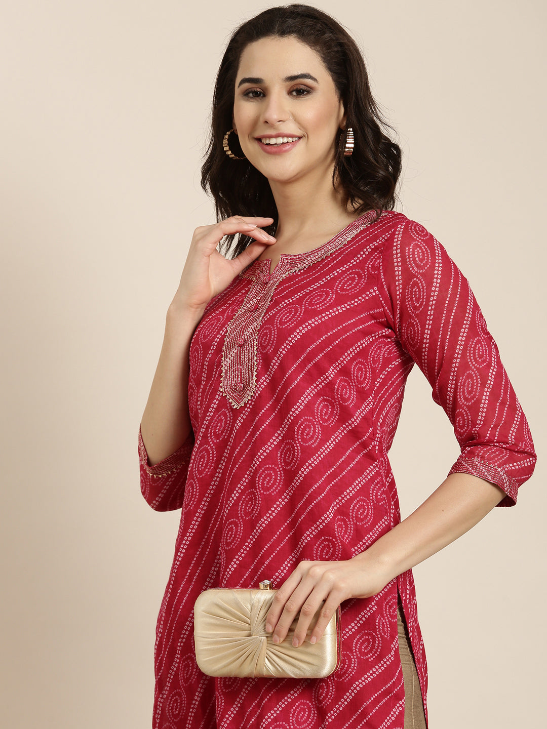 Women Straight Pink Bandhani Kurta