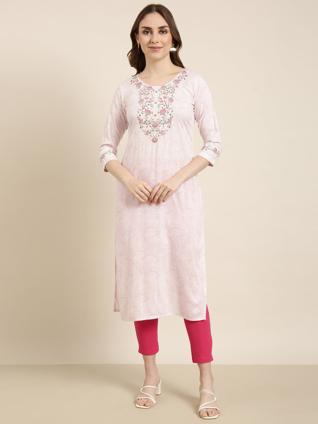 Women's Straight Pink Floral Kurta