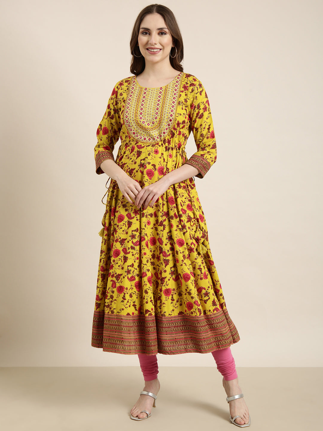 Women Anarkali Yellow Floral Kurta