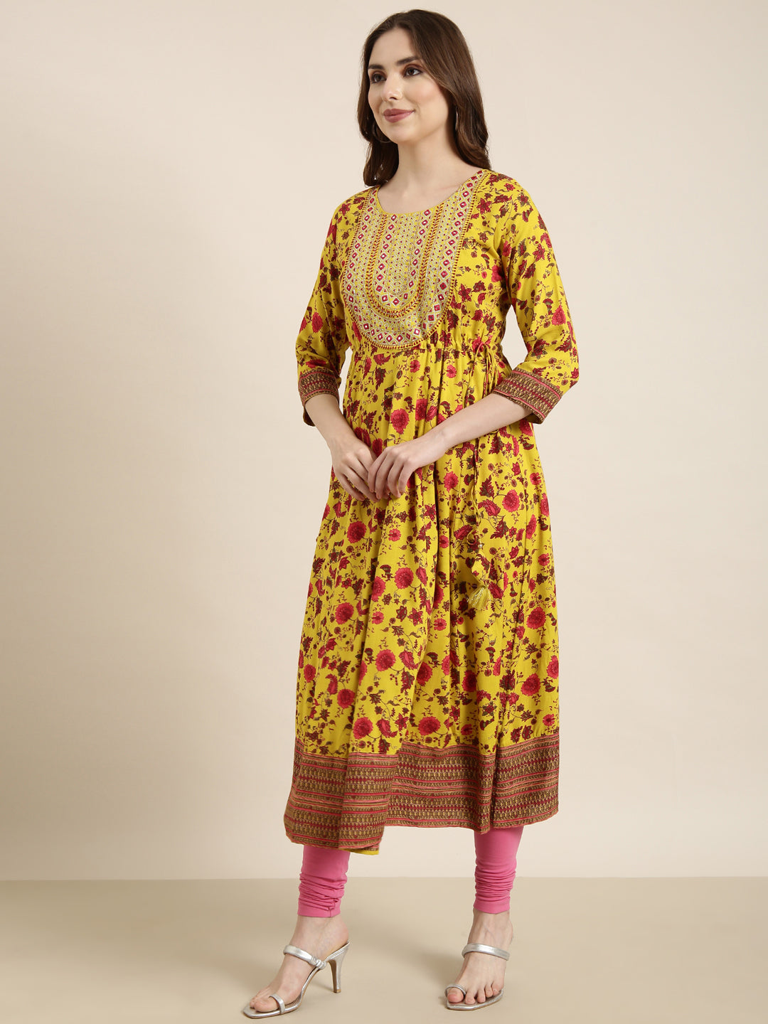 Women Anarkali Yellow Floral Kurta