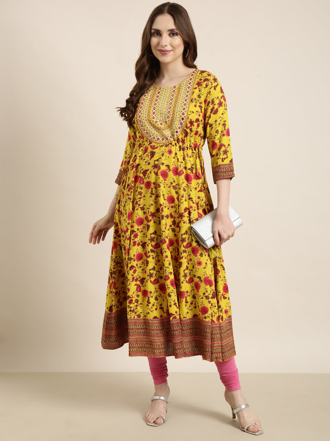 Women Anarkali Yellow Floral Kurta