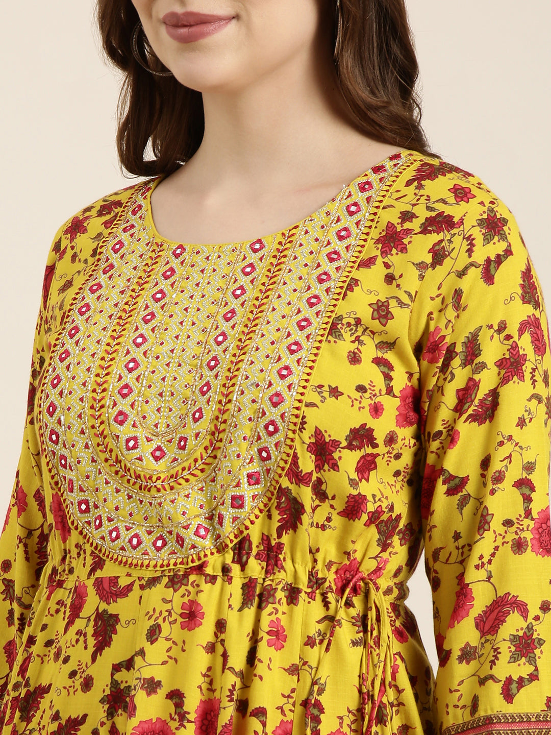 Women Anarkali Yellow Floral Kurta