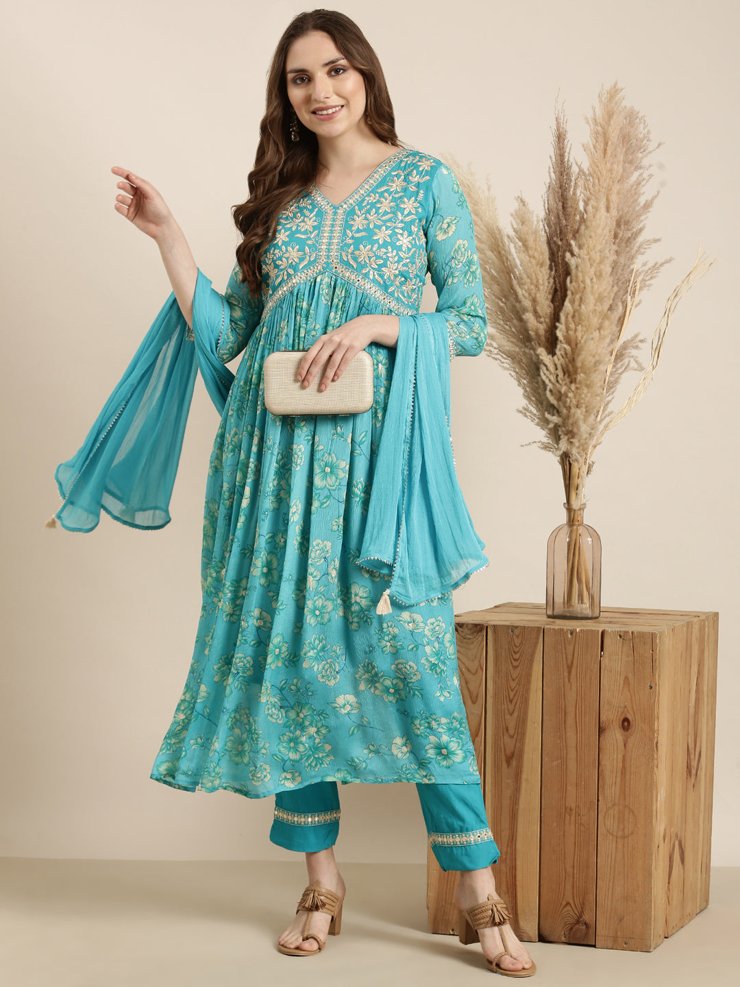 Women Anarkali Blue Floral Kurta and Trousers Set Comes With Dupatta