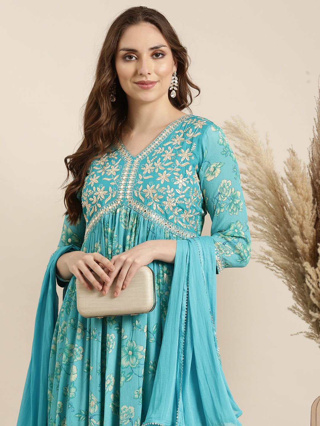 Women Anarkali Blue Floral Kurta and Trousers Set Comes With Dupatta