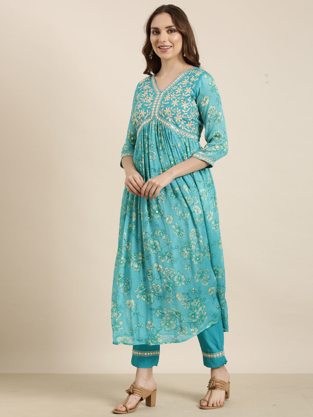 Women Anarkali Blue Floral Kurta and Trousers Set Comes With Dupatta