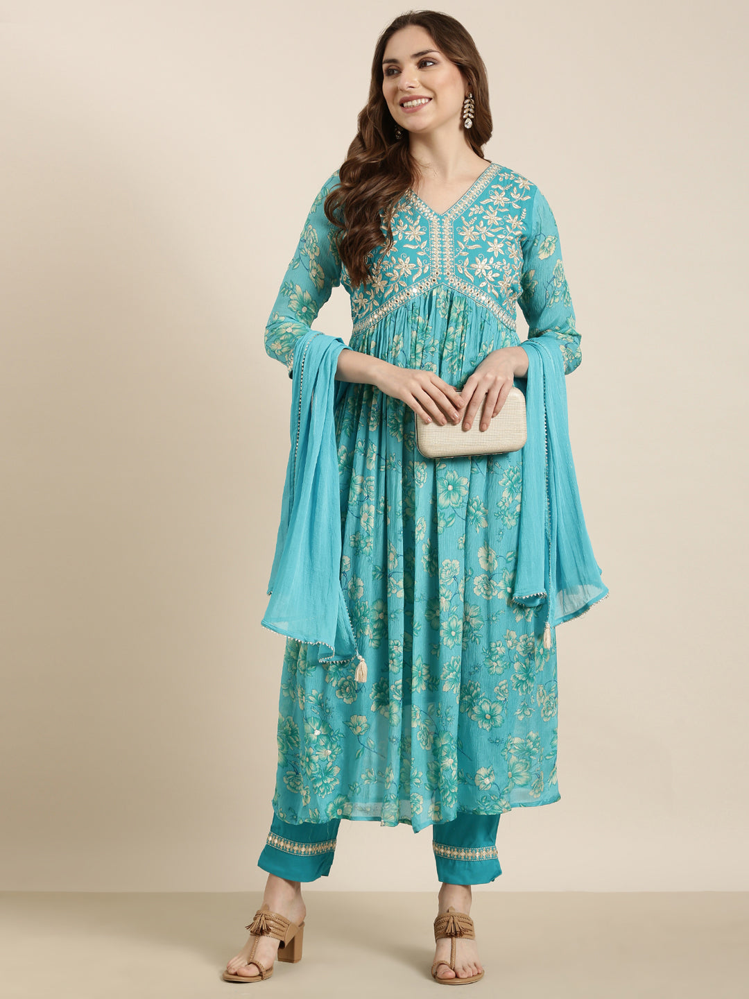 Women Anarkali Blue Floral Kurta and Trousers Set Comes With Dupatta