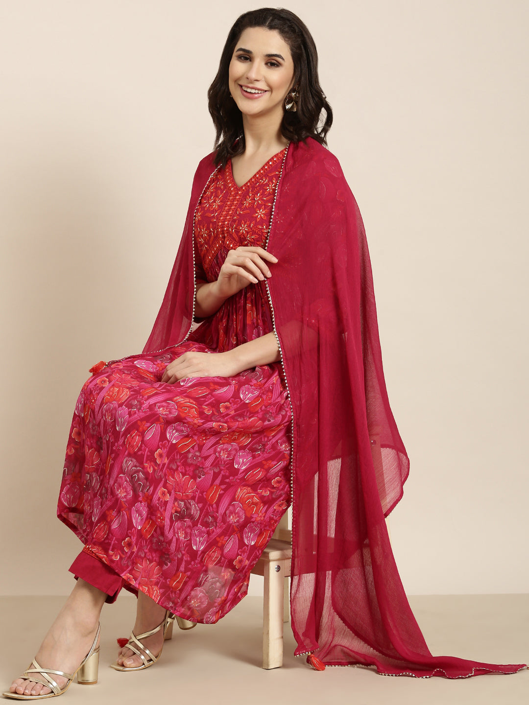 Women Anarkali Pink Floral Kurta and Trousers Set Comes With Dupatta