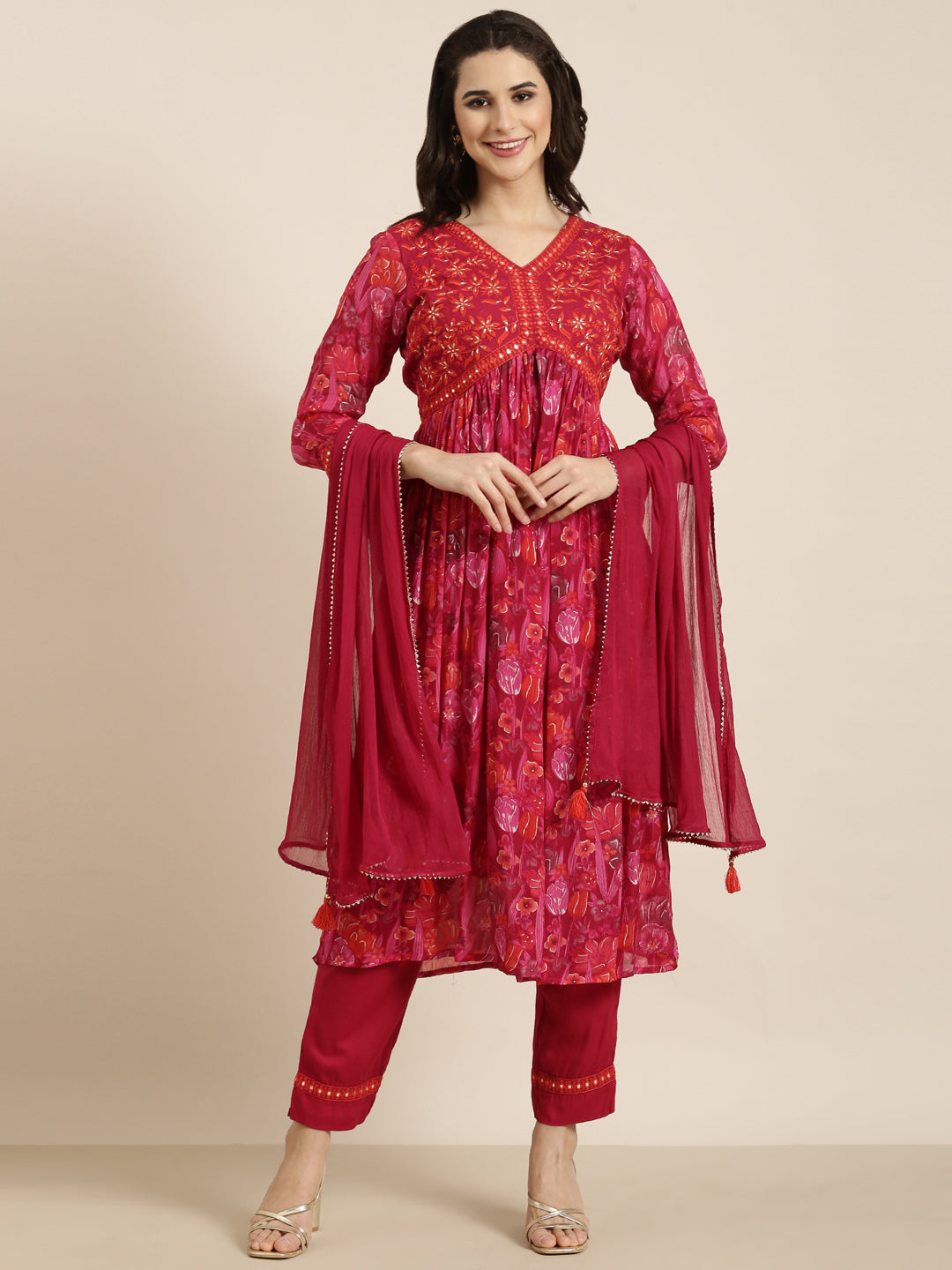 Women Anarkali Pink Floral Kurta and Trousers Set Comes With Dupatta