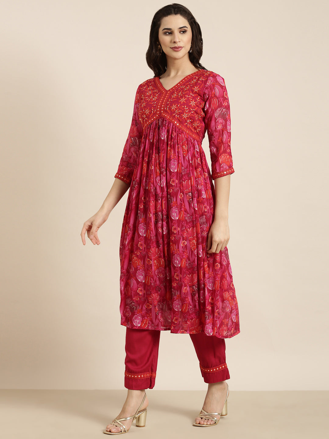 Women Anarkali Pink Floral Kurta and Trousers Set Comes With Dupatta