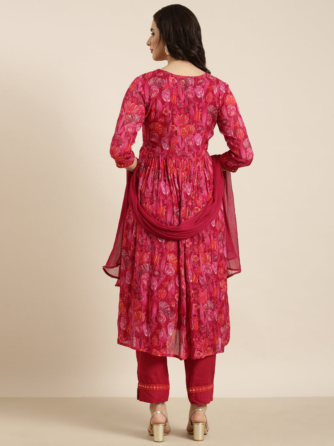 Women Anarkali Pink Floral Kurta and Trousers Set Comes With Dupatta