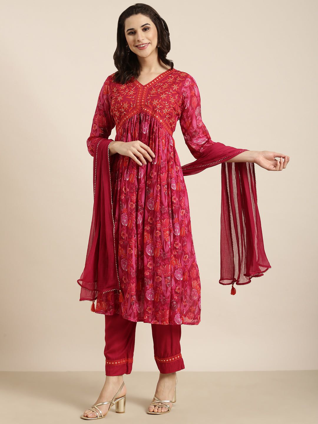 Women Anarkali Pink Floral Kurta and Trousers Set Comes With Dupatta