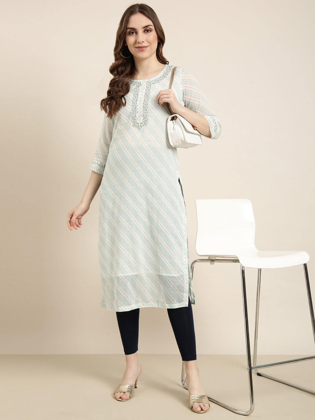 Women Straight Turquoise Blue Geometric Kurta