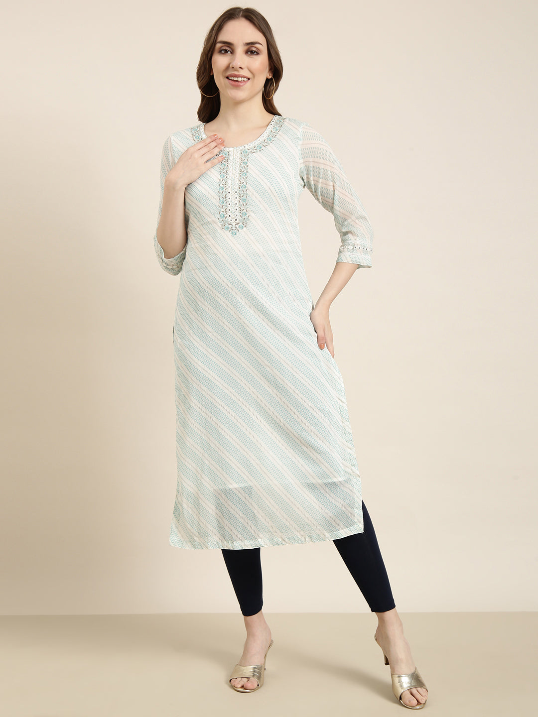 Women Straight Turquoise Blue Geometric Kurta