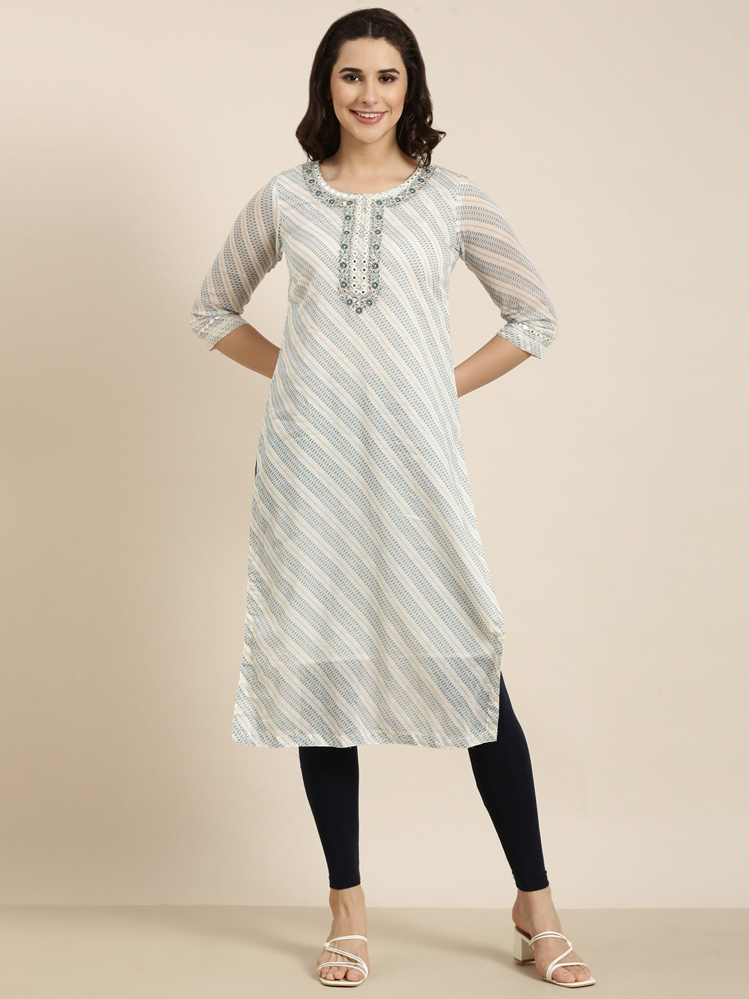 Women Straight White Abstract Kurta