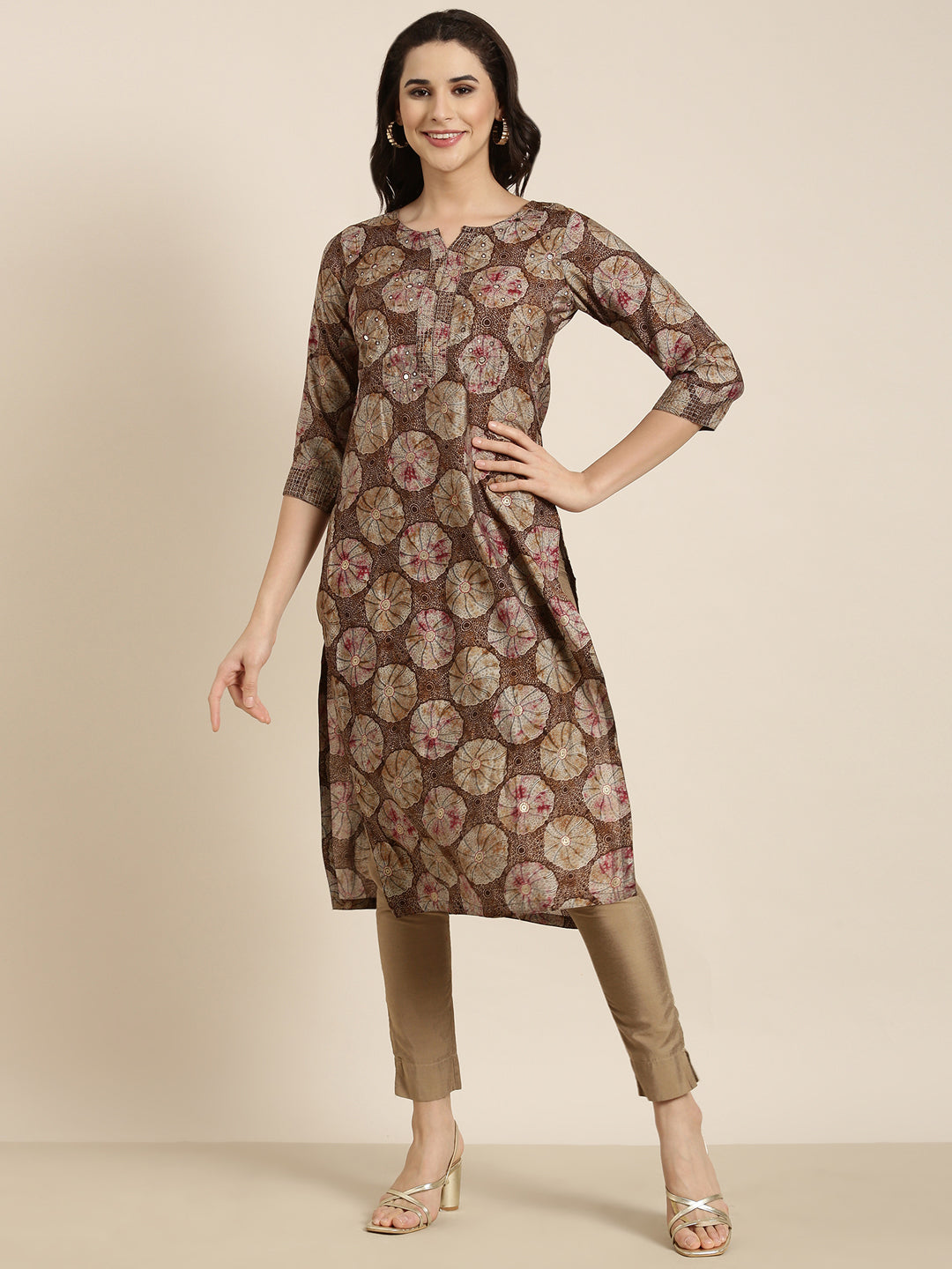 Women Straight Brown Abstract Kurta