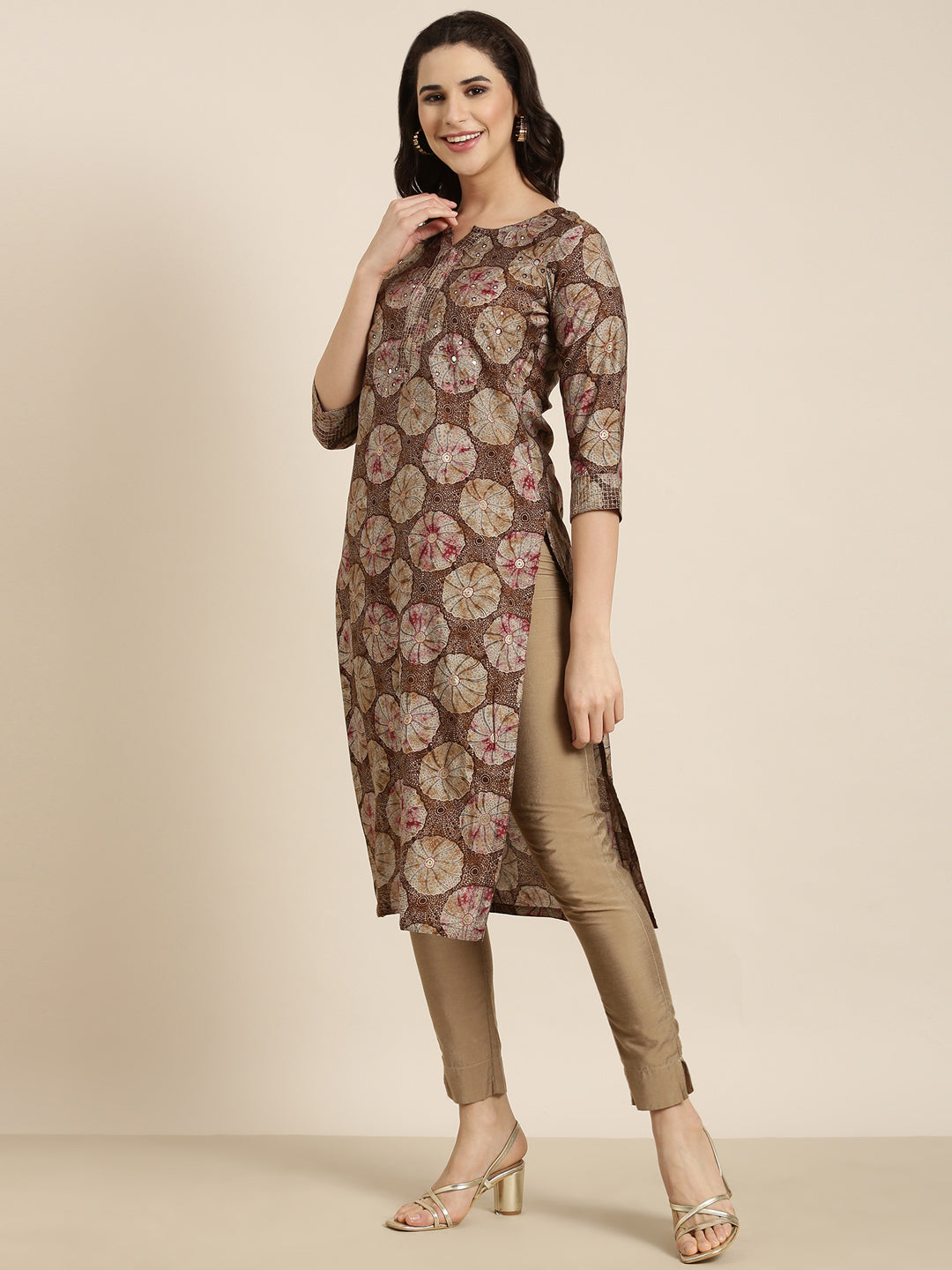 Women Straight Brown Abstract Kurta