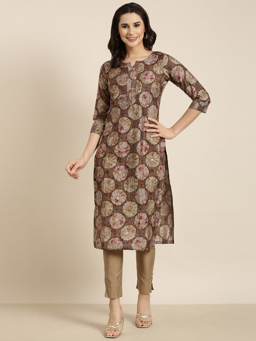 Women Straight Brown Abstract Kurta