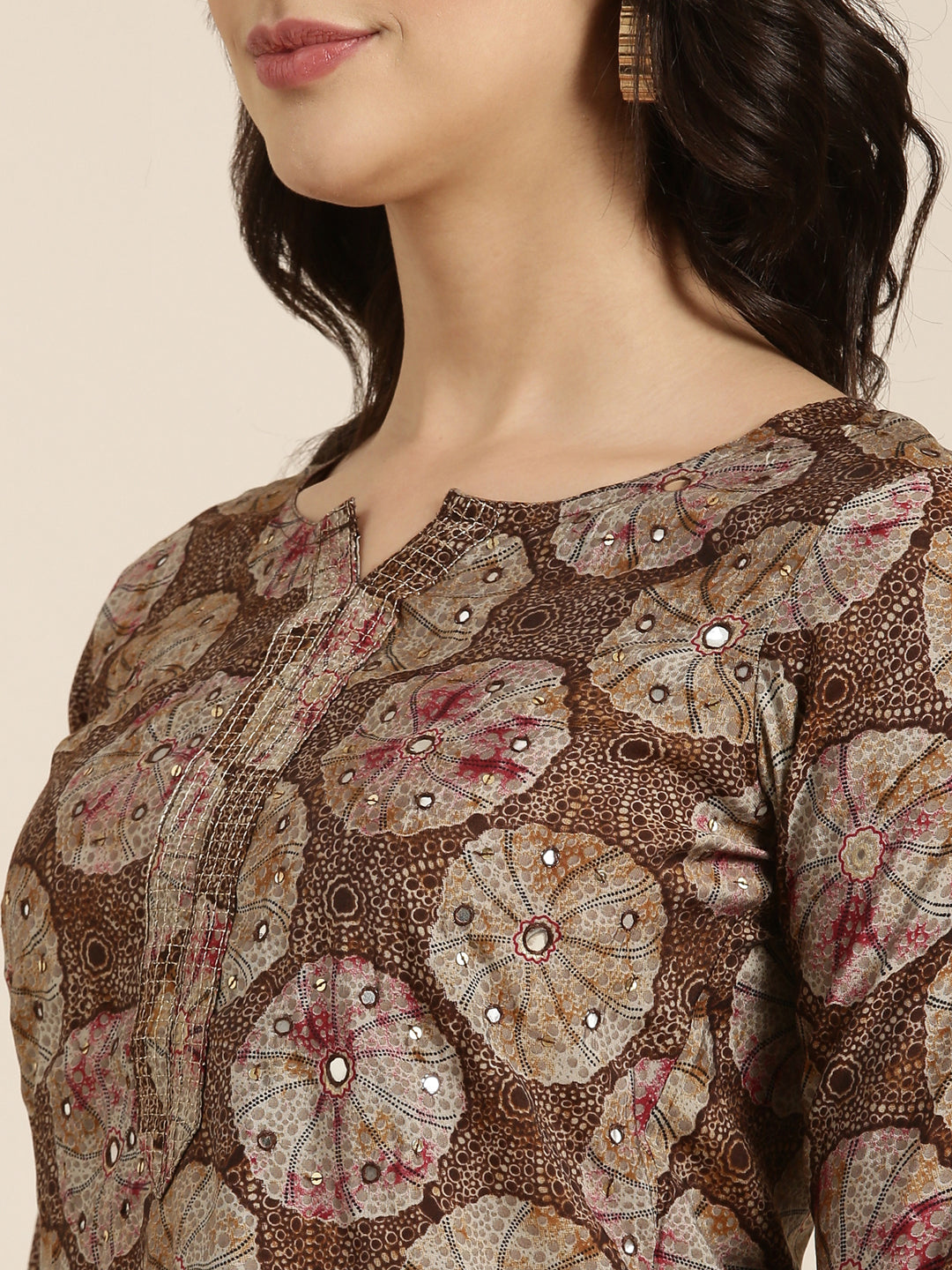 Women Straight Brown Abstract Kurta