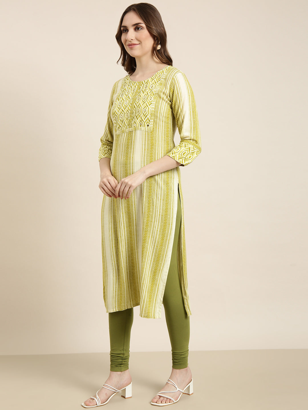 Women Straight Green Striped Kurta