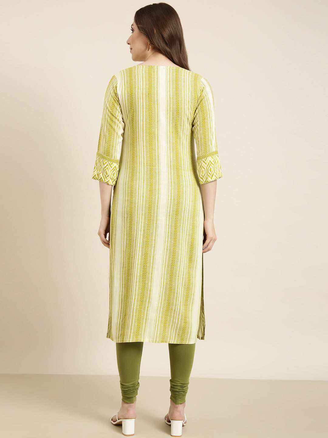 Women Straight Green Striped Kurta