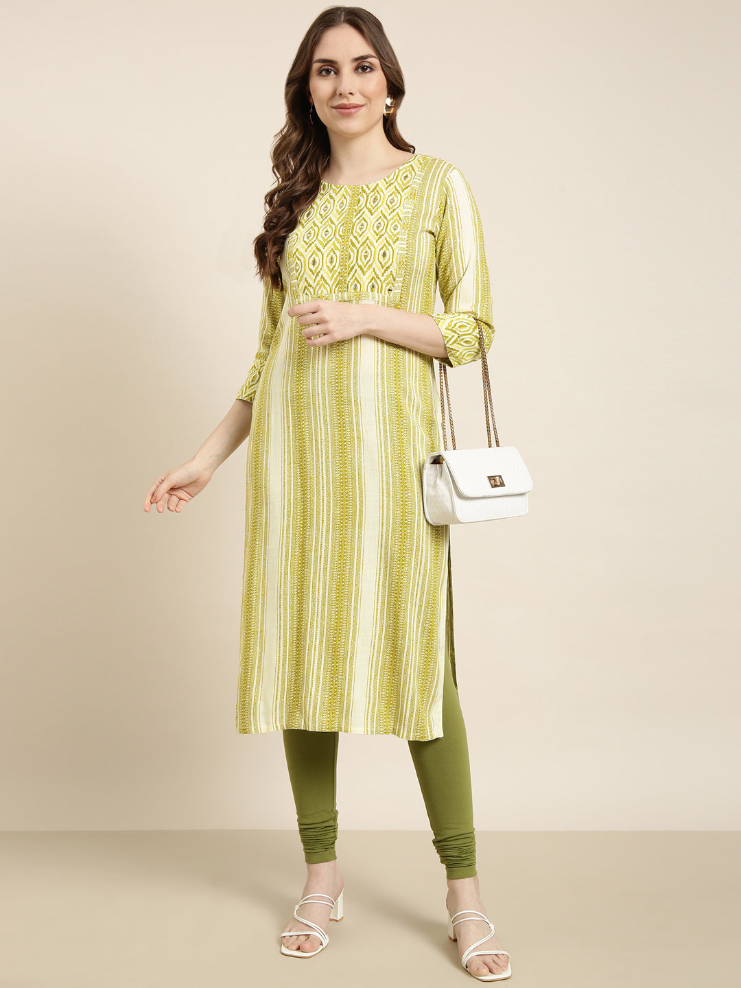 Women Straight Green Striped Kurta