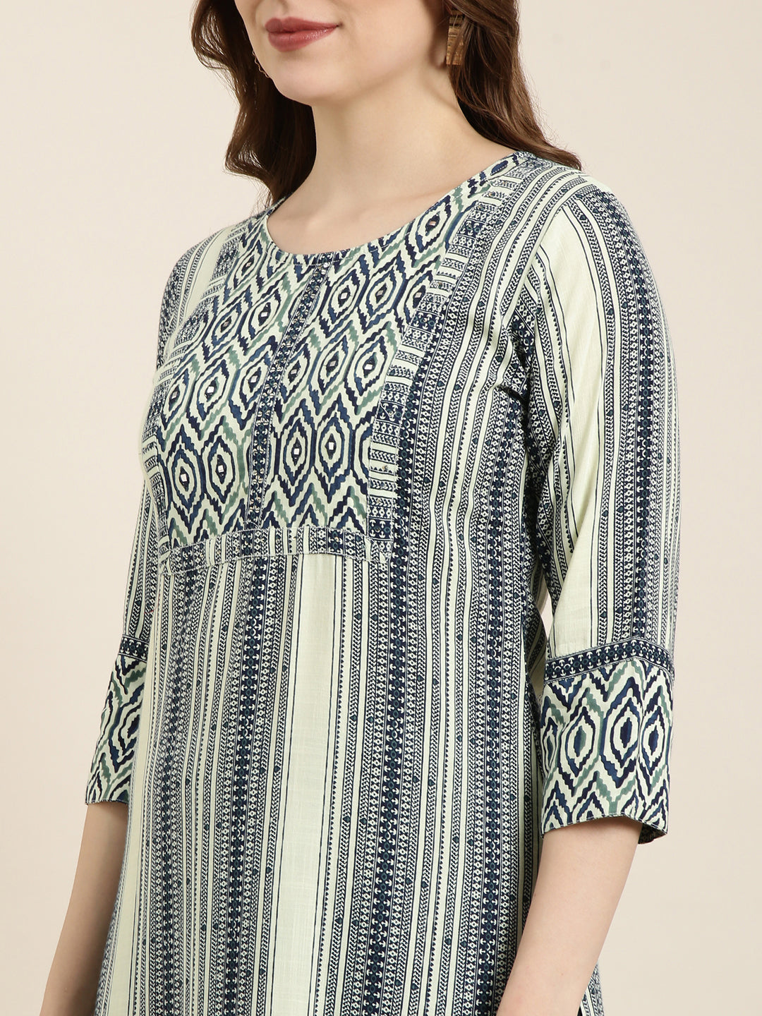 Women Straight Sea Green Striped Kurta