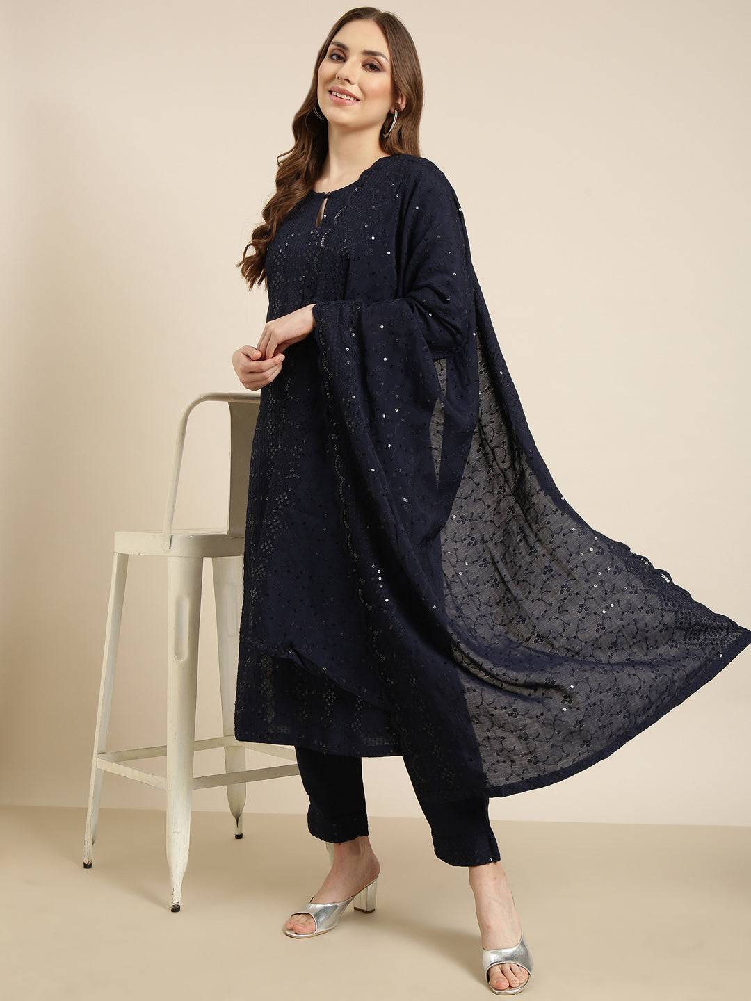 Women's Straight Navy Blue Solid Kurta Sets with Trousers & Dupatta