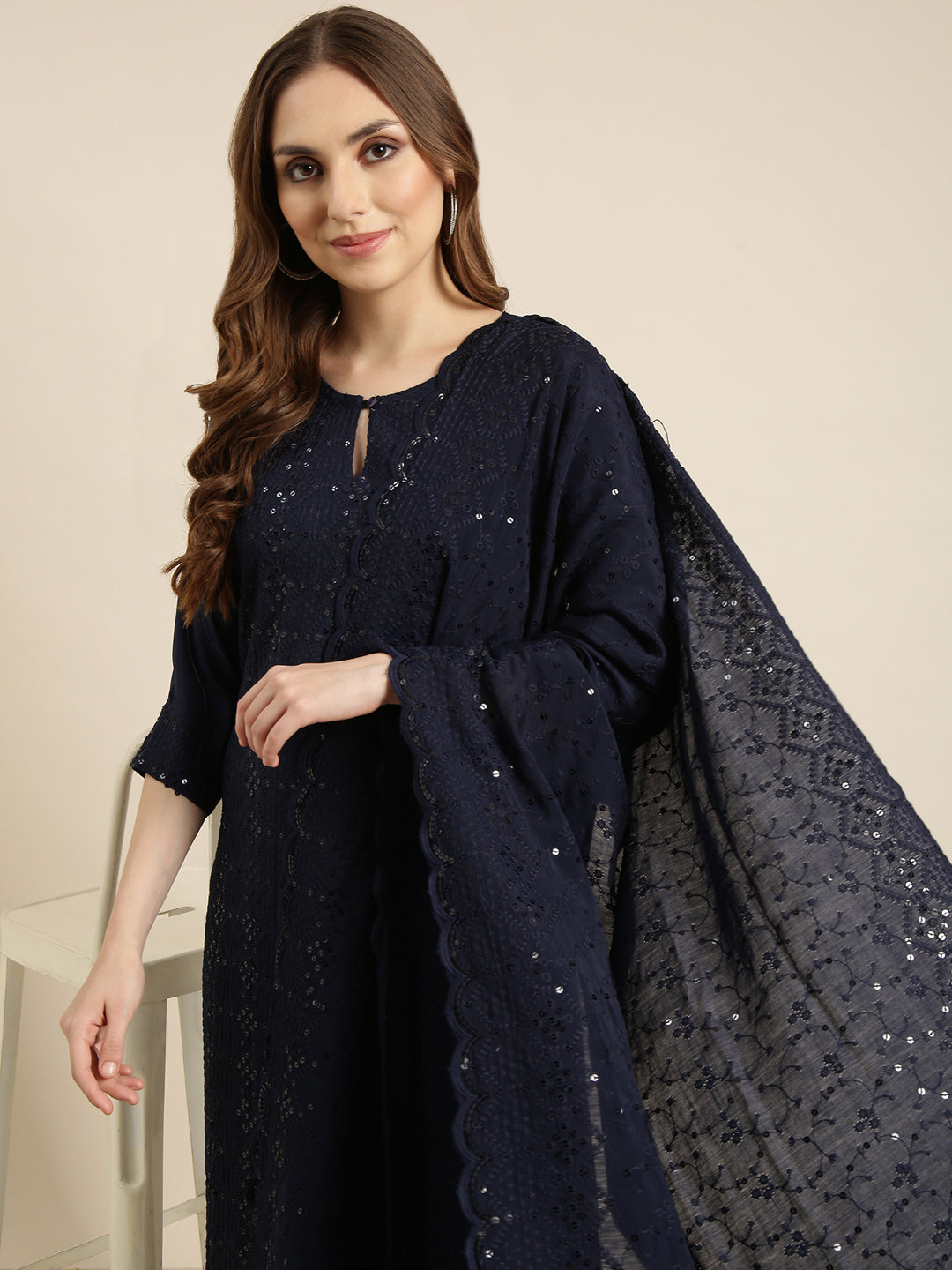 Women's Straight Navy Blue Solid Kurta Sets with Trousers & Dupatta
