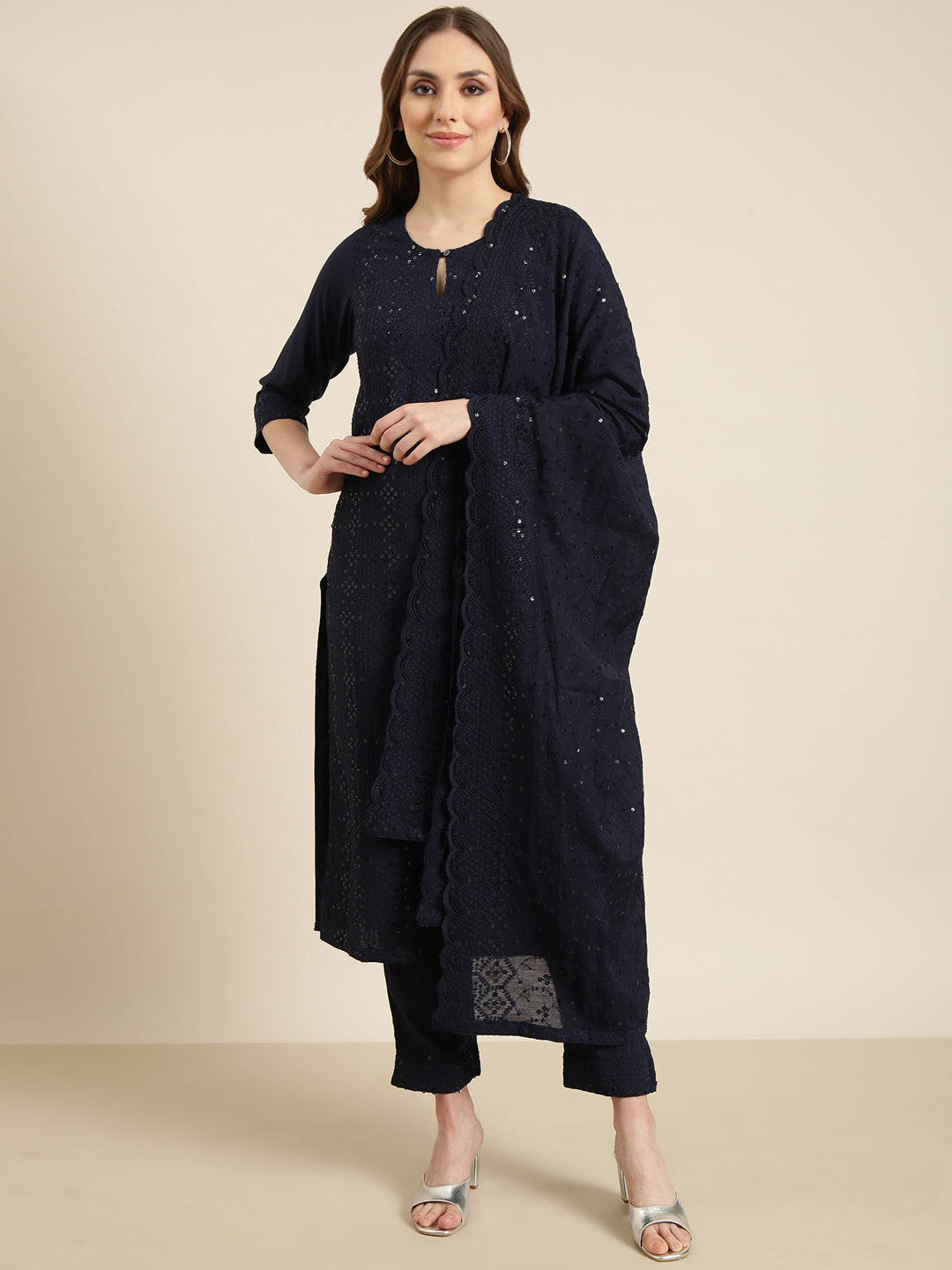 Women's Straight Navy Blue Solid Kurta Sets with Trousers & Dupatta