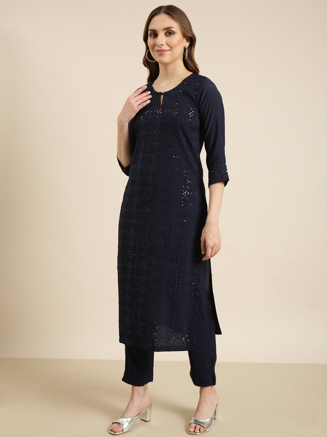 Women's Straight Navy Blue Solid Kurta Sets with Trousers & Dupatta
