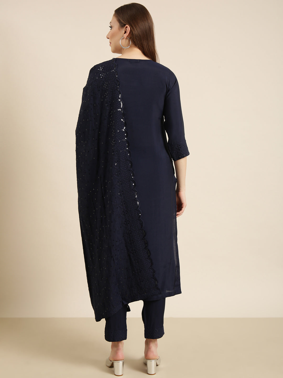 Women's Straight Navy Blue Solid Kurta Sets with Trousers & Dupatta