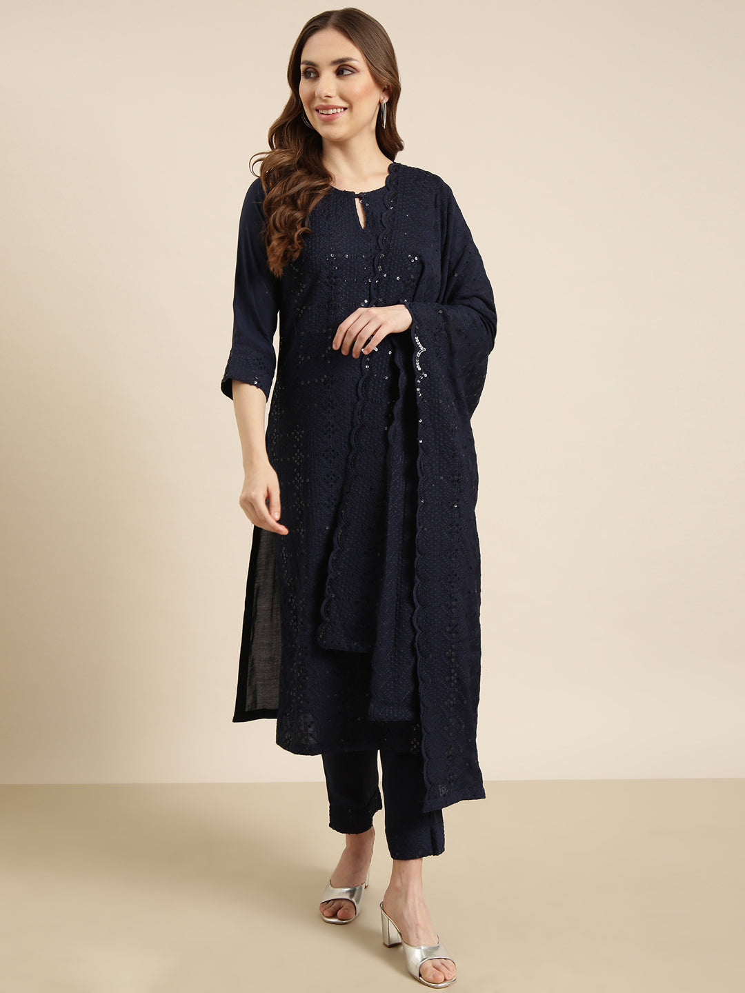 Women's Straight Navy Blue Solid Kurta Sets with Trousers & Dupatta