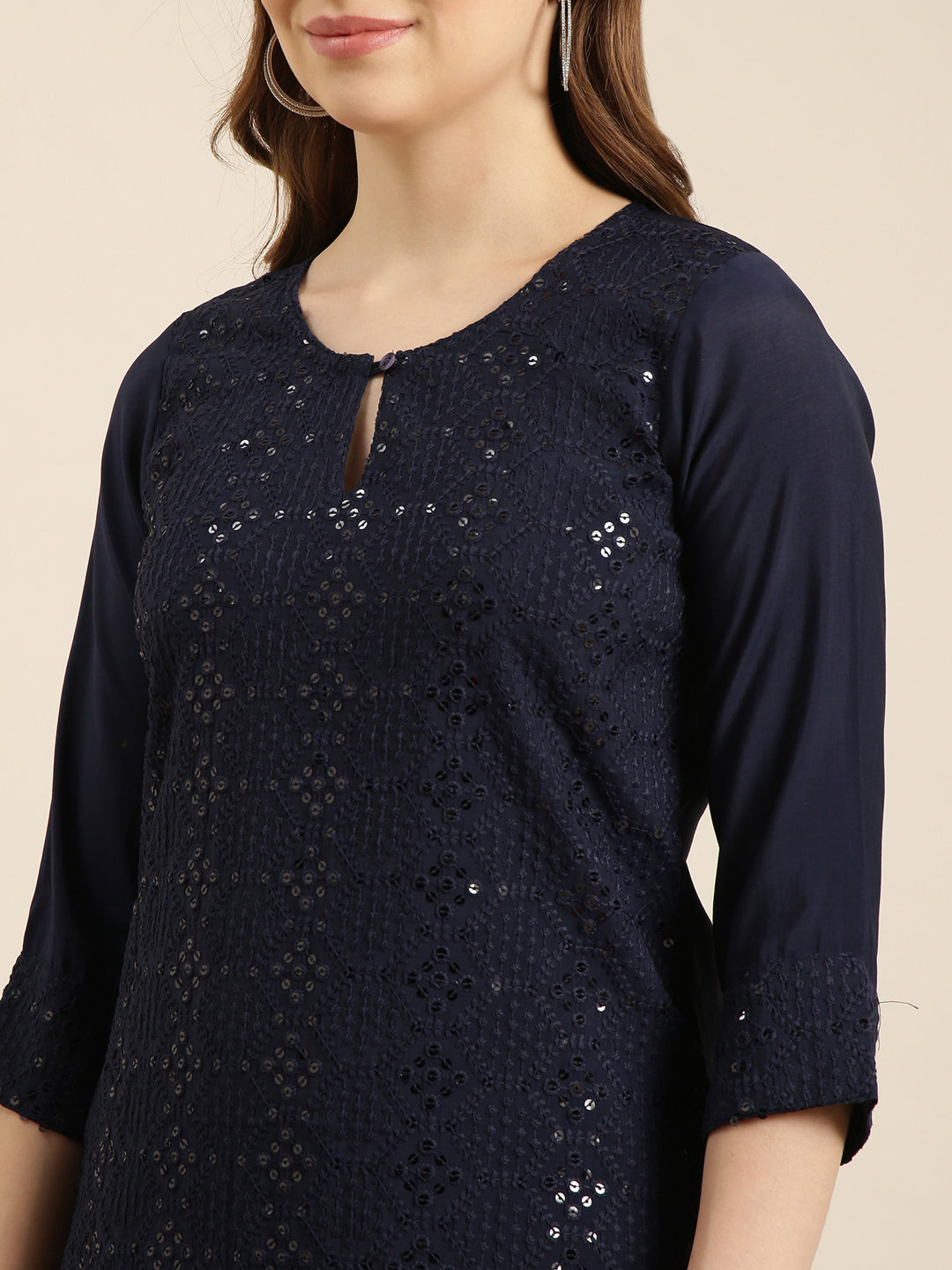 Women's Straight Navy Blue Solid Kurta Sets with Trousers & Dupatta