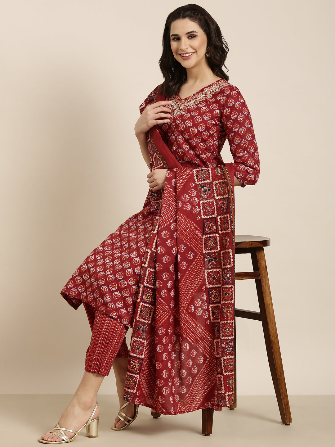 Women Straight Maroon Ethnic Motifs Kurta and Trousers Set Comes With Dupatta