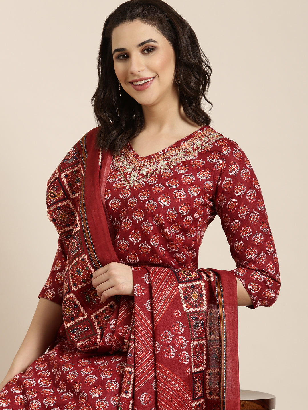 Women Straight Maroon Ethnic Motifs Kurta and Trousers Set Comes With Dupatta