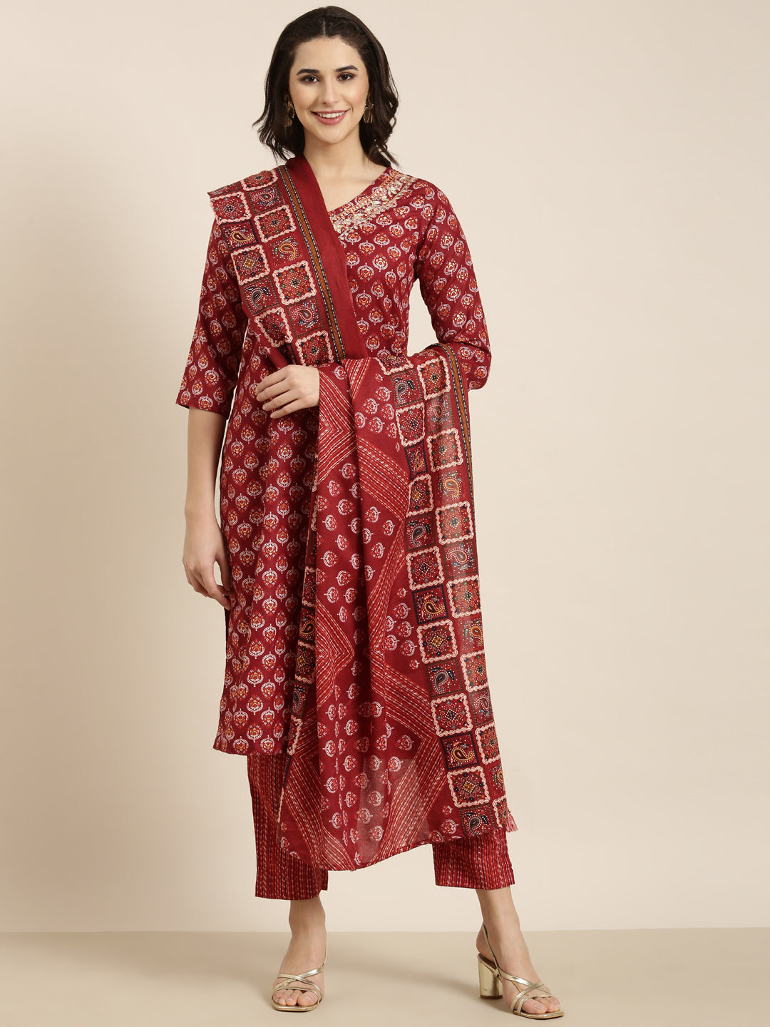 Women Straight Maroon Ethnic Motifs Kurta and Trousers Set Comes With Dupatta